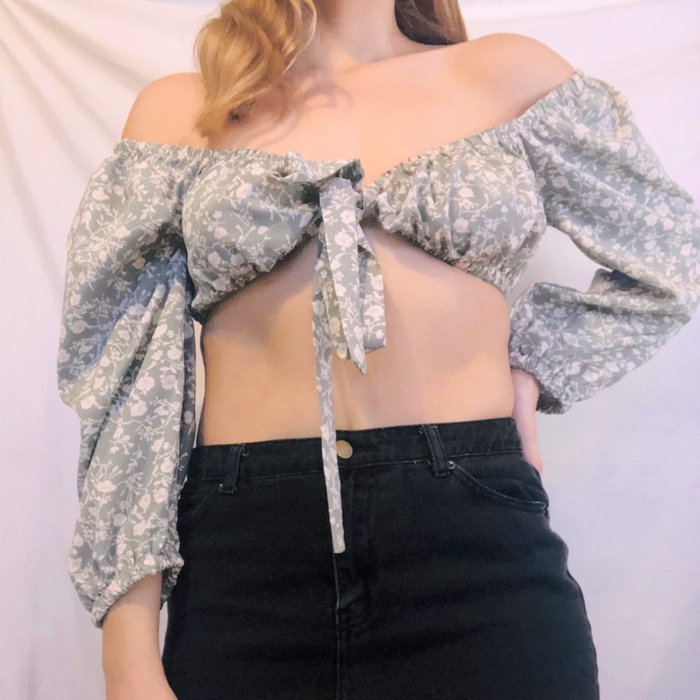 off the shoulder light blue pink flowers top